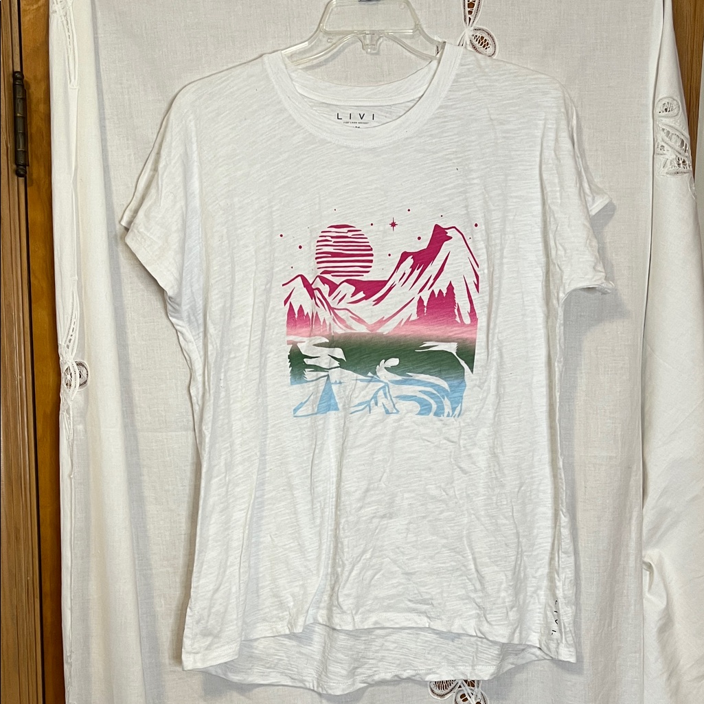 White Graphic Tee With Pink And Blue Design
